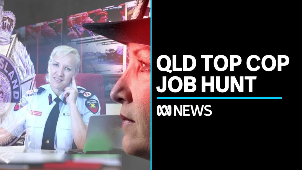 Qld Top Cop Job Hunt: Graphic image of Katarina Carroll sitting at a desk