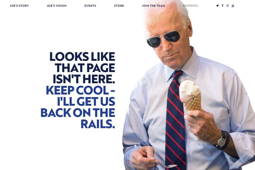 Joe Biden holds an icecream and wears aviators next to text that reads: Looks like that page isn't here. Keep cool.