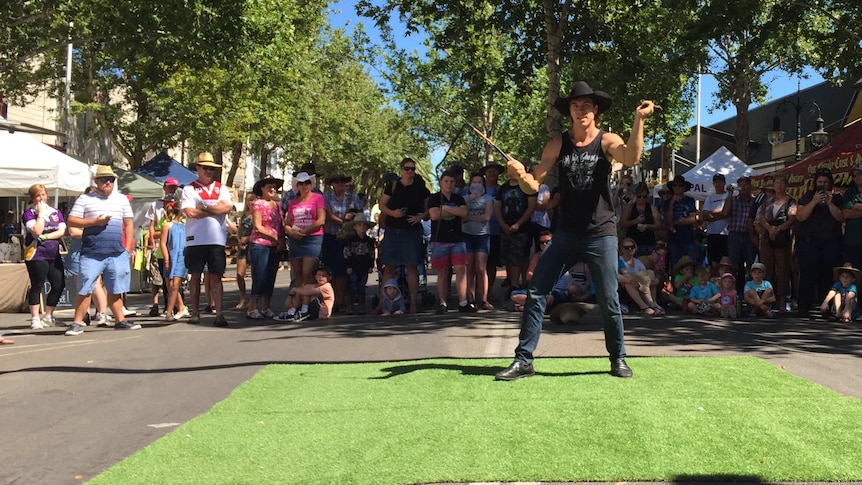 Whip cracker Nathan Griggs performs at Tamworth Country Music Festival 2016