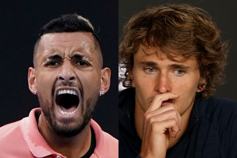 Composite of tennis player shouting and another tennis player looking pensive.