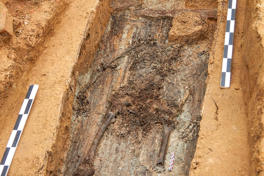Decayed old bones are visible in a patch of excavated earth. It is clear the skeleton is missing its left leg.