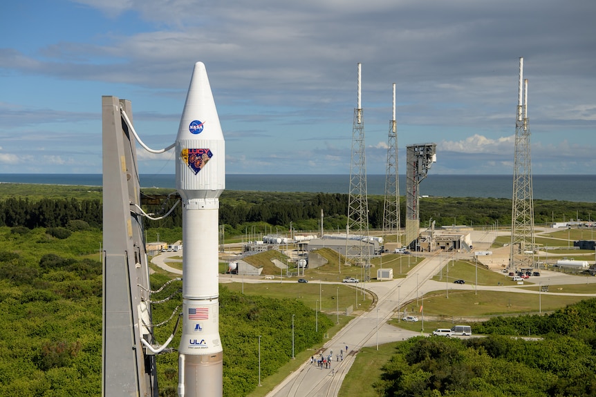 NASA Lucy spacecraft on top of Atlas V rocket at Cape Canaveral