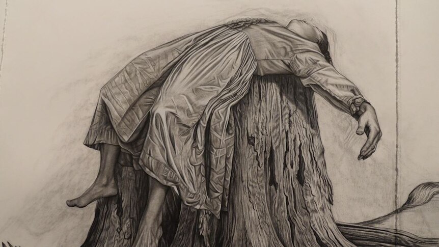 A drawing of a person lying over a tree stump.