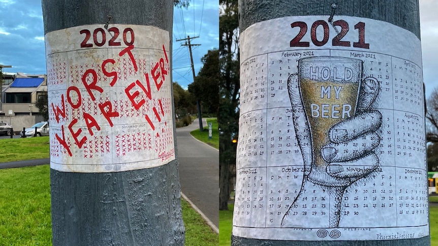 COVID poster in Melbourne tree.