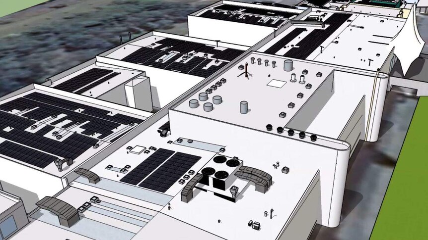 A plan which shows where the solar panels will be positioned on the roof of the Port Macquarie Base Hospital.