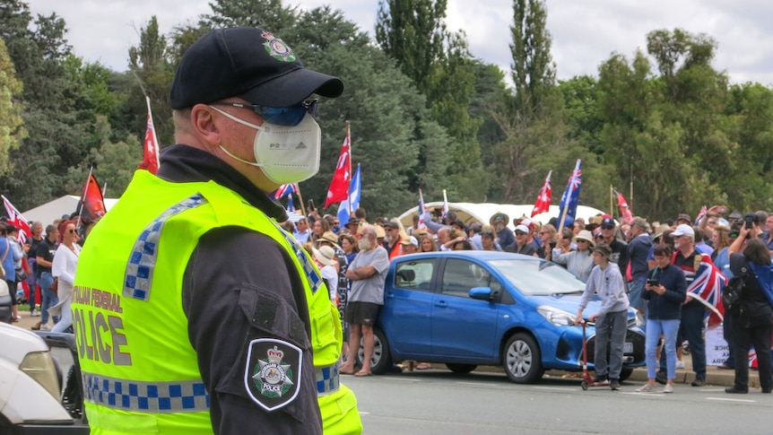 A policeman wearing a yellow vest stands in front of protesters bearing flags