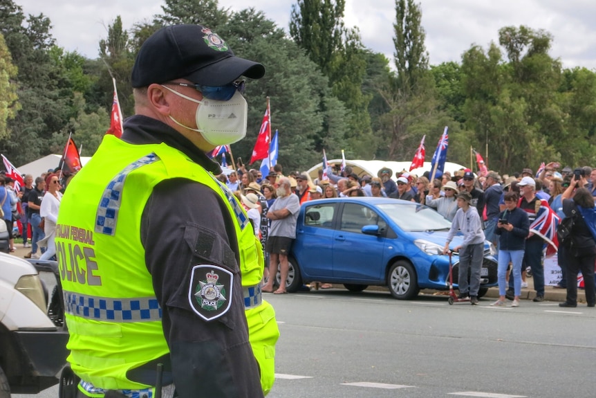 A policeman wearing a yellow vest stands in front of protesters bearing flags