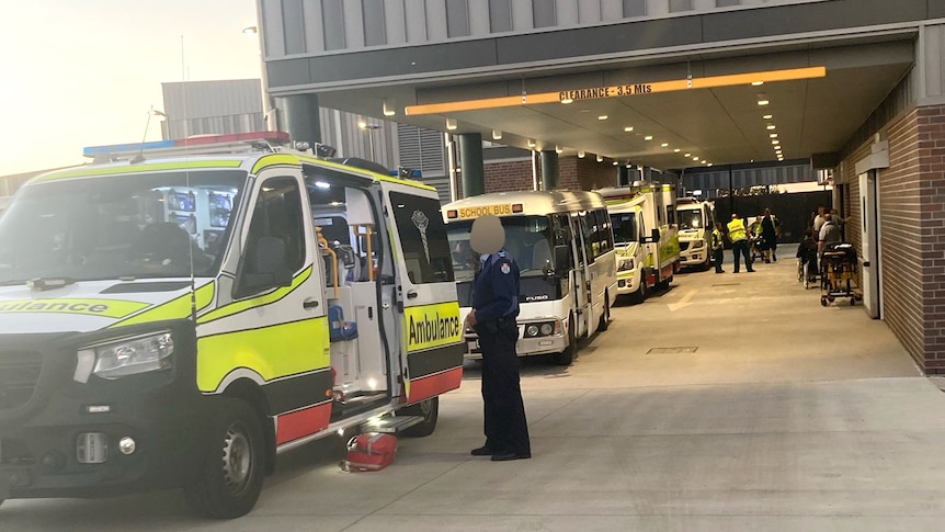 Ambulances lined up outside Roma Hospital emergency department