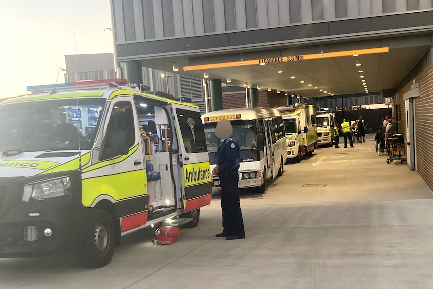 Ambulances lined up outside Roma Hospital emergency department