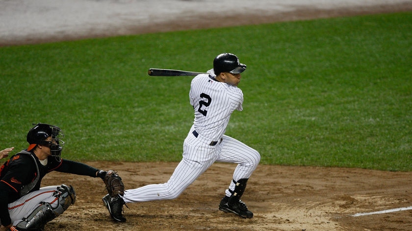 Record-breaker: Jeter strikes his 2,722nd hit against the Orioles.