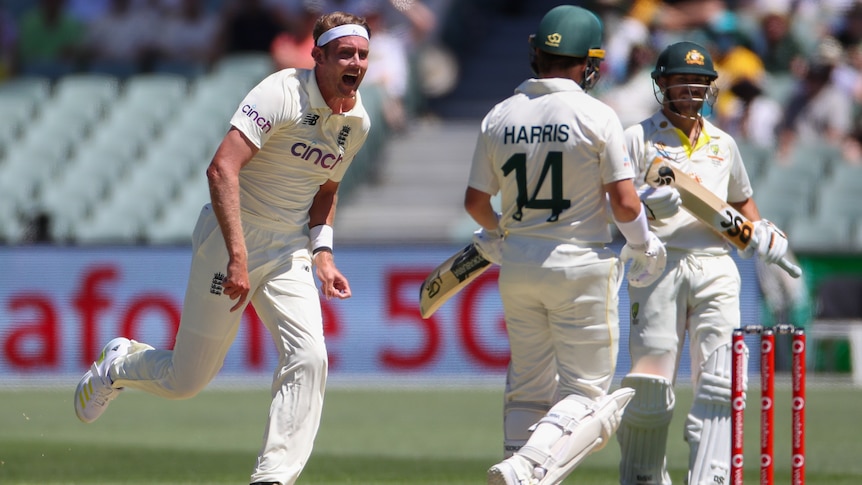 Stuart Broad celebrates the wicket of Marcus Harris