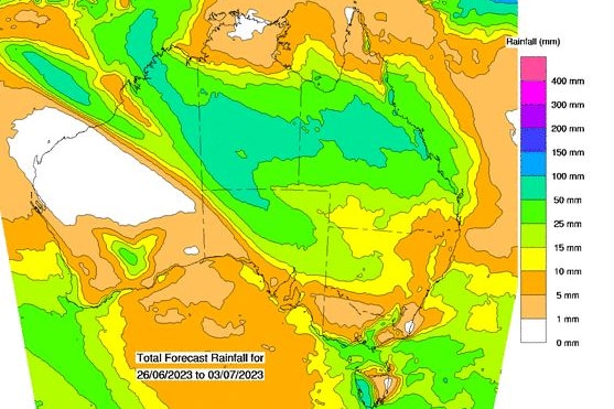 The Bureau of Meteorology's eight day rainfall forecast from 26th June to 3rd July 23