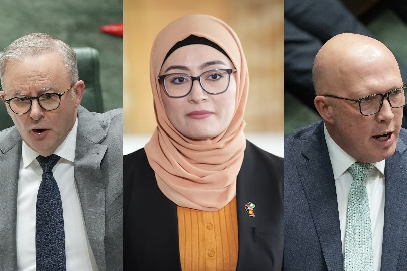 Anthony Albanese, Fatima Payman and Peter dutton in a composite image of three photos 