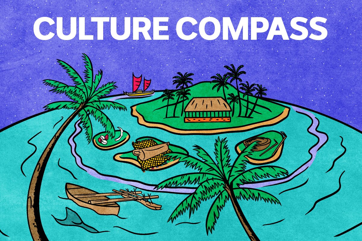 A cartoon image of a tropical island, palm trees, a fale and traditional sailing boat surround the island