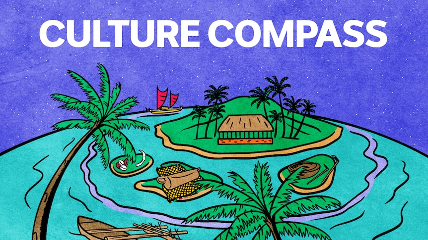 A cartoon image of a tropical island, palm trees, a fale and traditional sailing boat surround the island