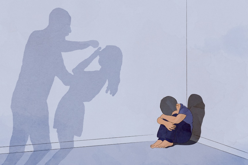 An illustration of a child cowering in a corner as the assault of his mother by his father is cast in shadow on a wall.