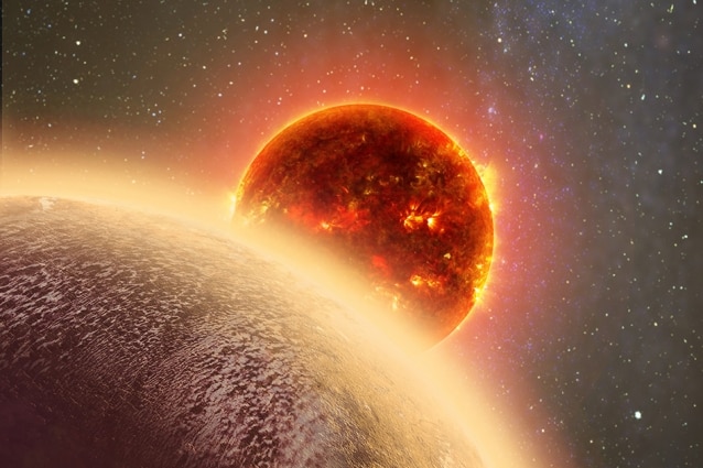 An artist's rendering showing exoplanet GJ 1132b above its star