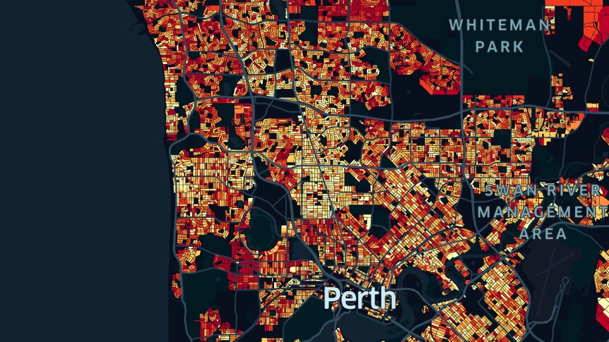 A map of greater Perth with heat spots representing concentrations of Omicron COVID cases