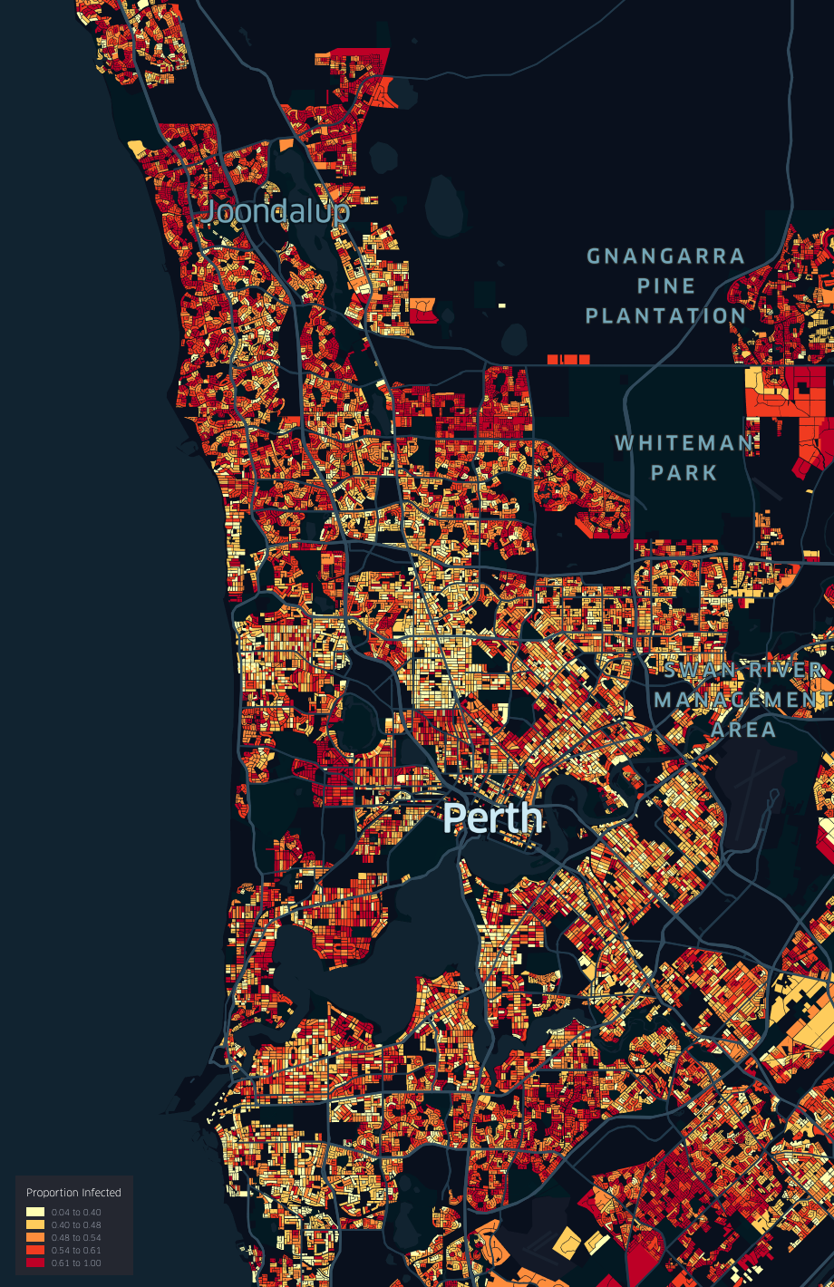 A map of greater Perth with heat spots representing concentrations of Omicron COVID cases