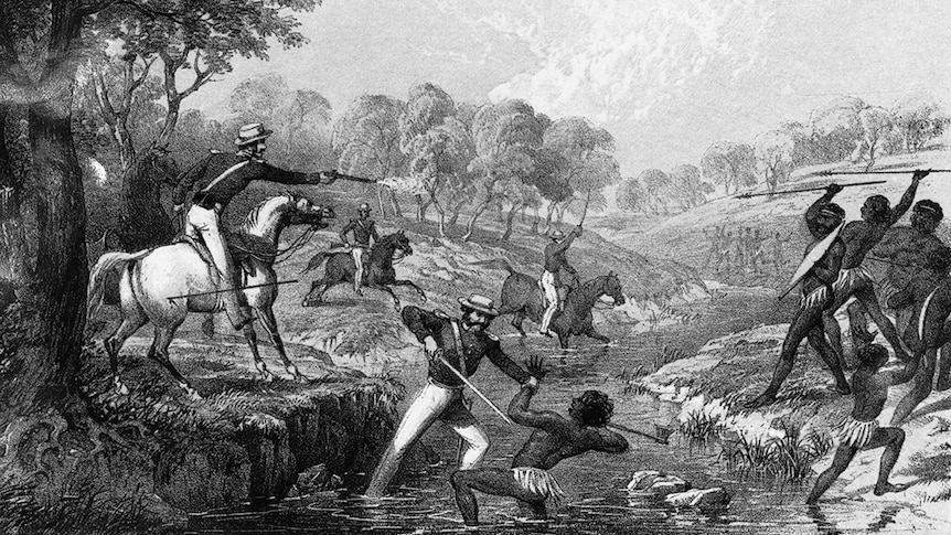 A sketch depicts the battle between Indigenous people and mounted police.