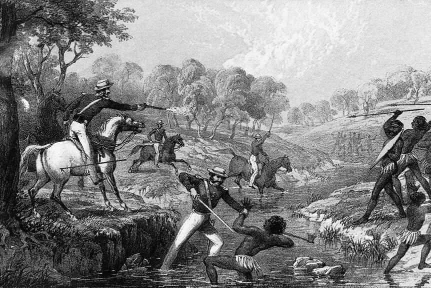 A sketch depicts the battle between Indigenous people and mounted police.