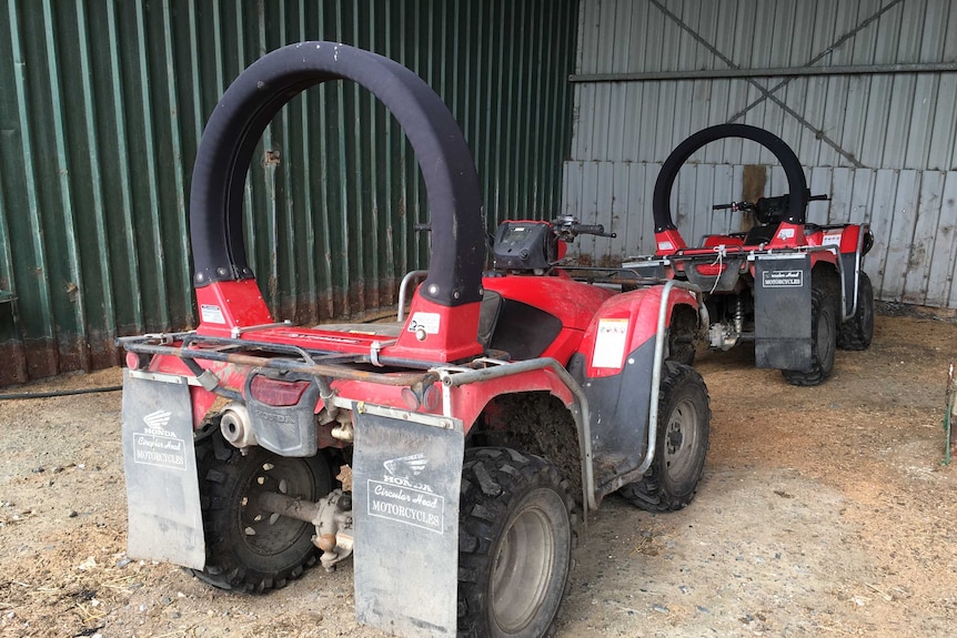 Two quad bikes fitted with circular rubber roll over protection devices parked in a shed