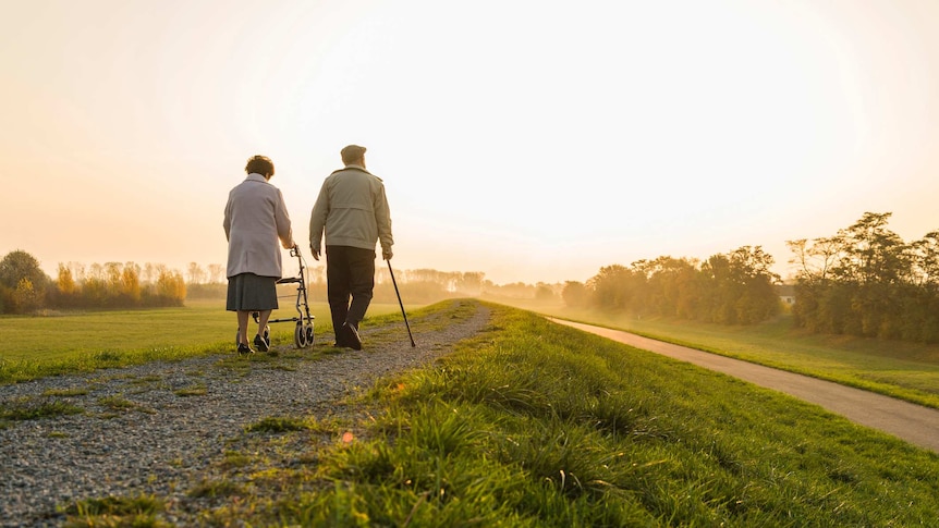 An older man and woman walking along a path in a field
