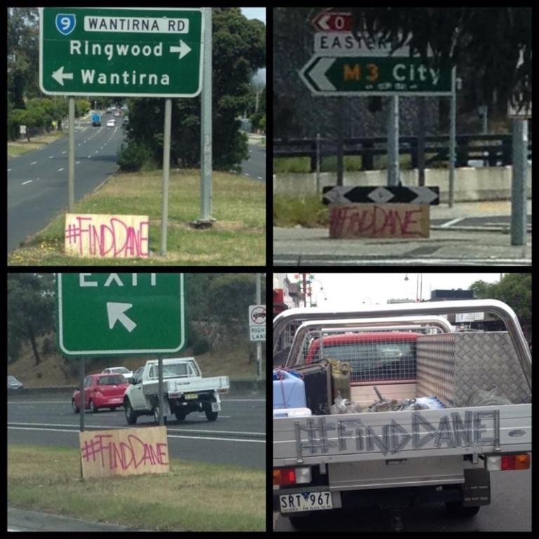 Cardboard signs by the side of roads for missing man Dane Kowalski