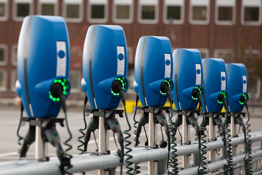 Charging stations for electric cars seen in Gothenburg, Sweden.