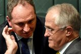 Barnaby Joyce leans in to speak with Malcolm Turnbull on the front bench in Parliament House.