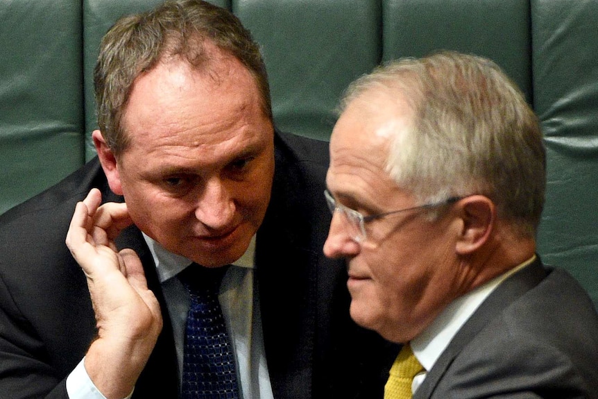 Barnaby Joyce leans in to speak with Malcolm Turnbull on the front bench in Parliament House.