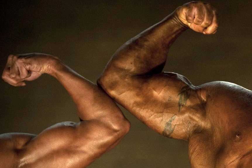 Bodybuilders flex their biceps