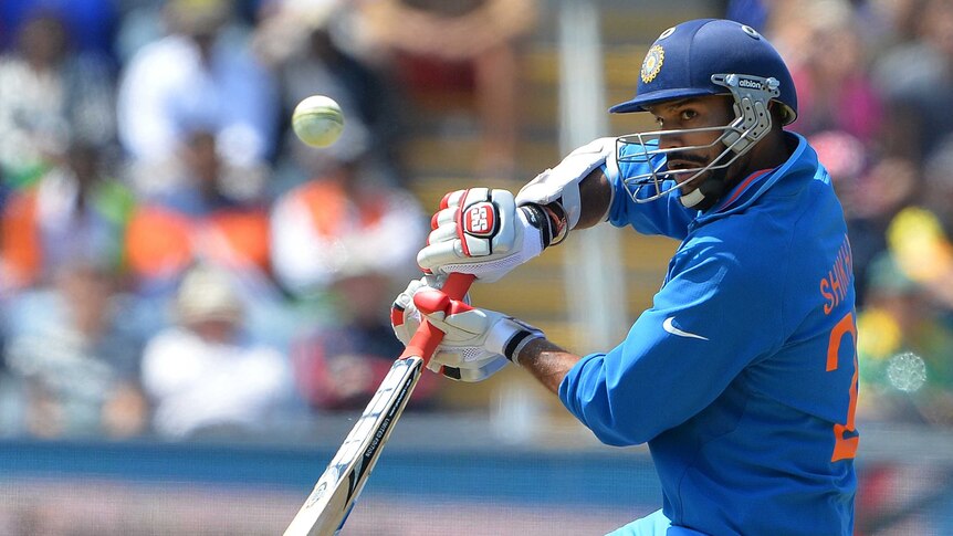 Indian batsman Shikhar Dhawan in action in the Champions Trophy match against South Africa.