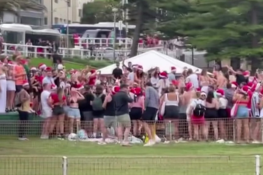 people in santa hats on a beack park in a large crowd