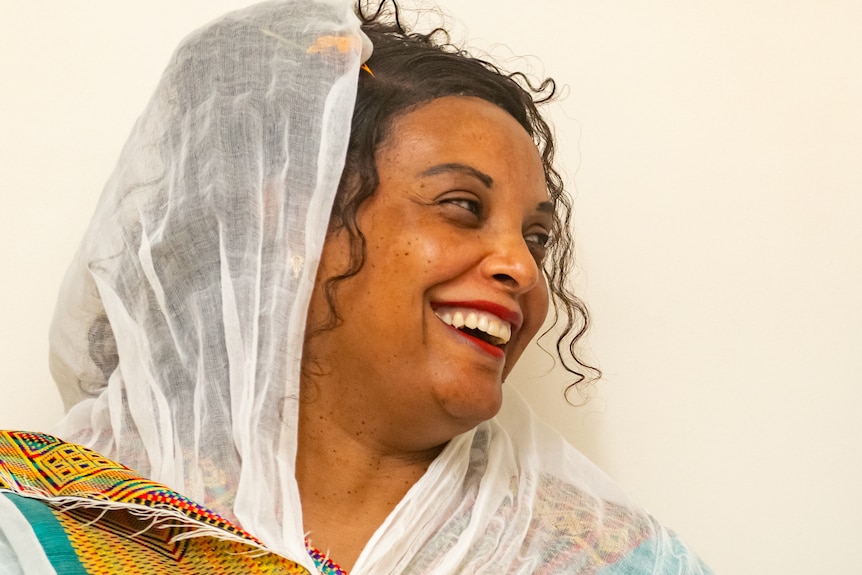 Ethiopian woman Meseret Tola in traditional dress.