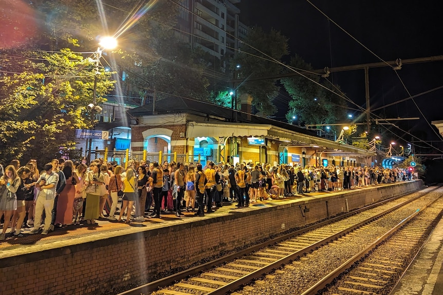 A large crowd of people standing on a railway platform at night.