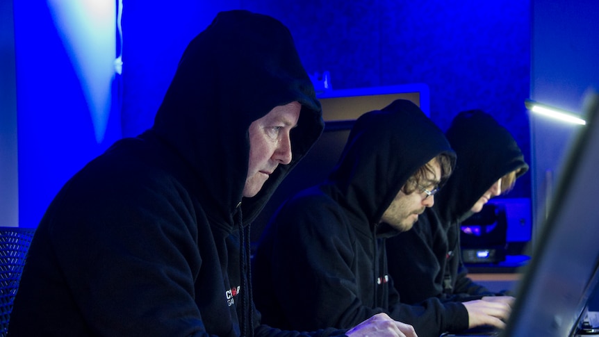 Men in black hoodies sit in front of laptops