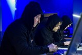 Men in black hoodies sit in front of laptops