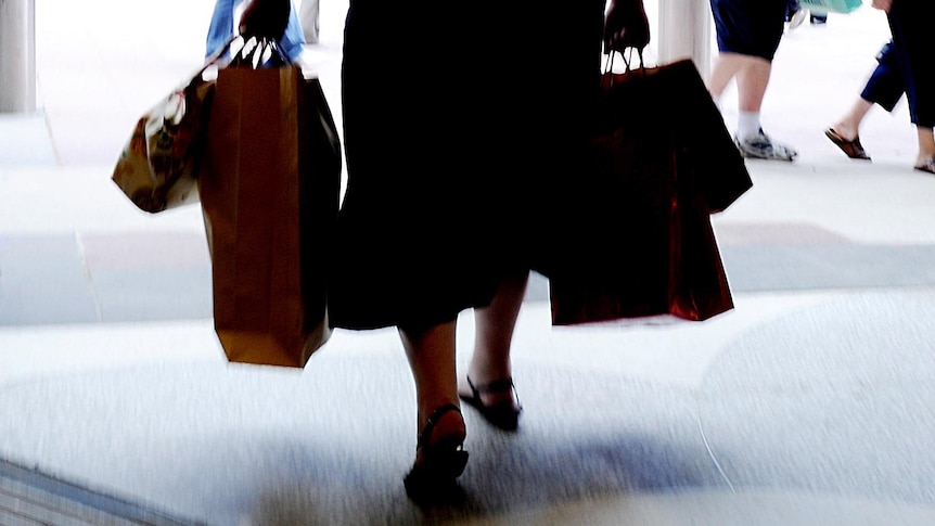 A woman carries shopping bags.