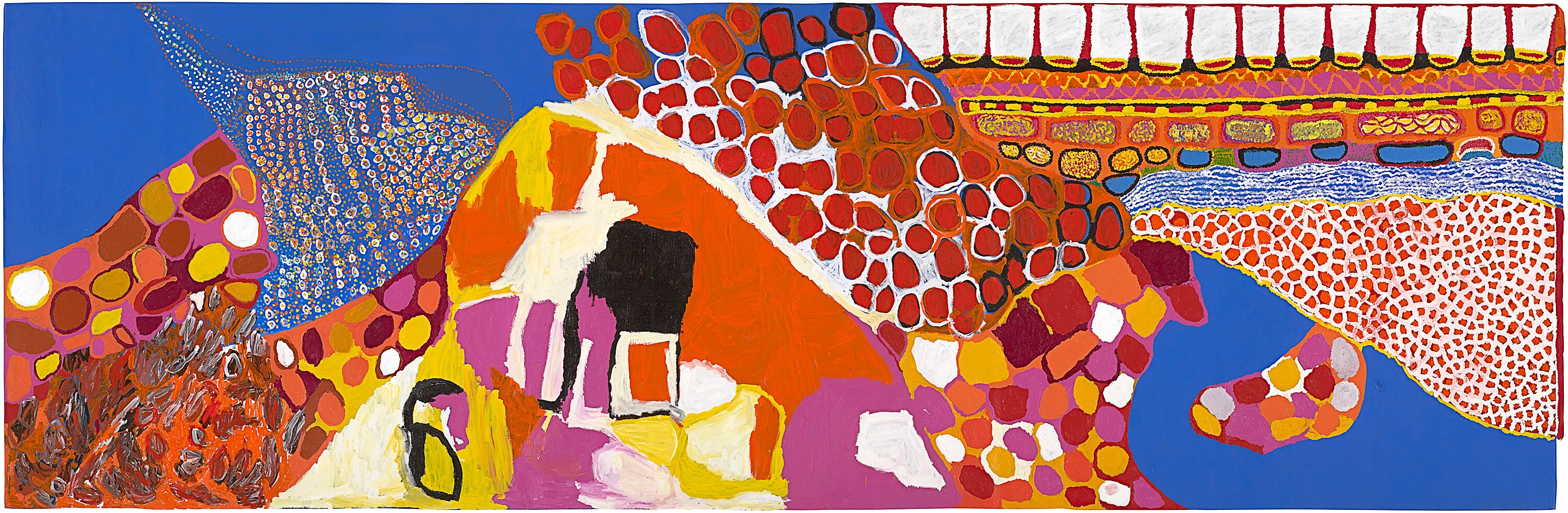 A vivid and bright painting, featuring shapes in rich, pinks, reds and blues, representing shells, mudstones, the sun and water.