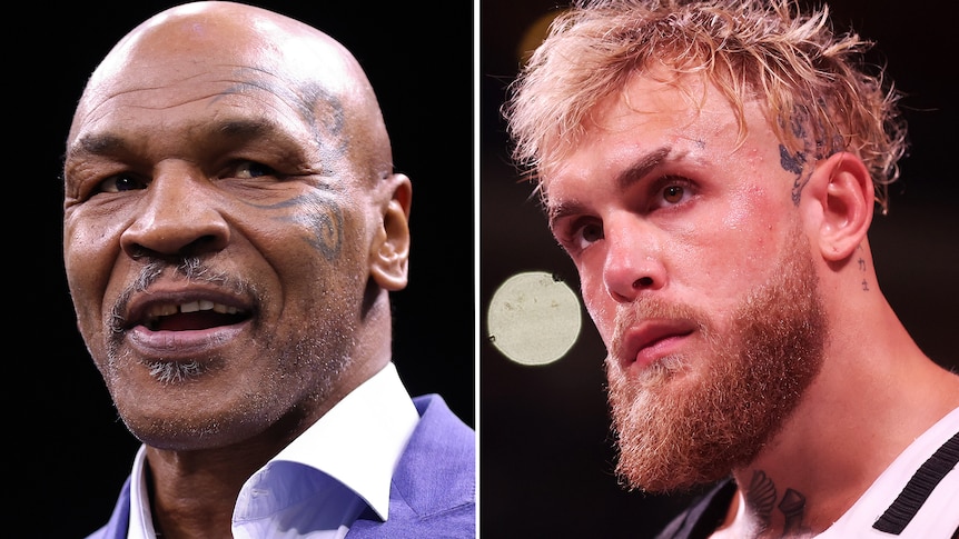 A composite image of Mike Tyson and Jake Paul, both headshots, both men at indoor events