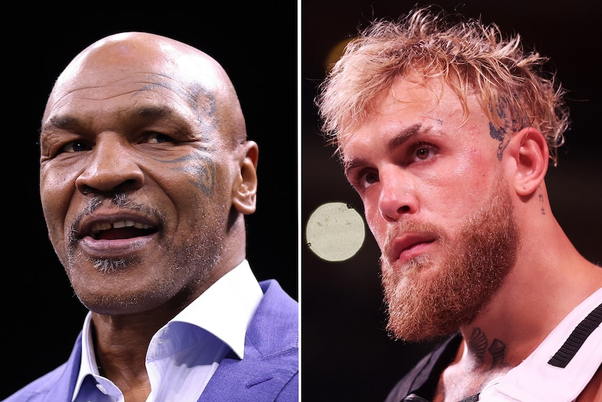 A composite image of Mike Tyson and Jake Paul, both headshots, both men at indoor events