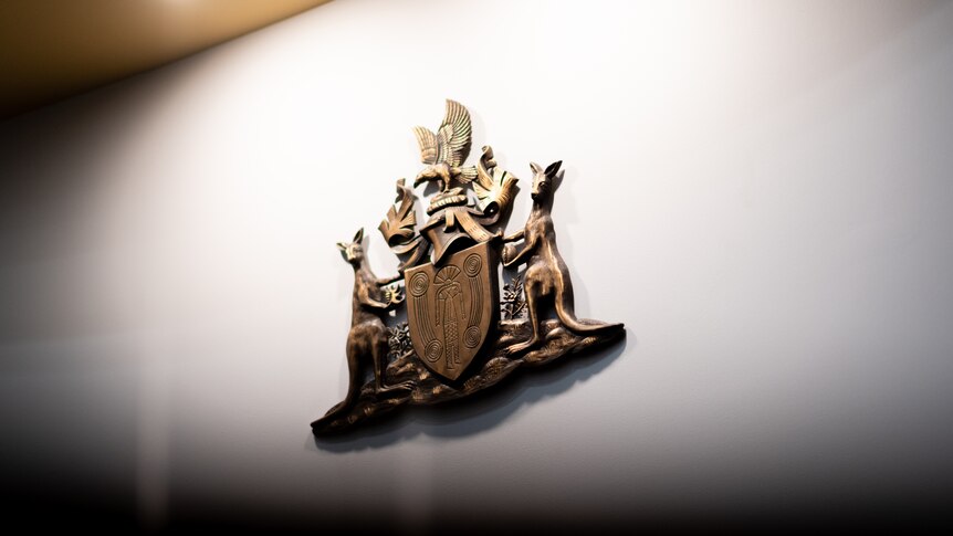 A coat of arms made of gold metal on a white wall, shrouded in shadow. 
