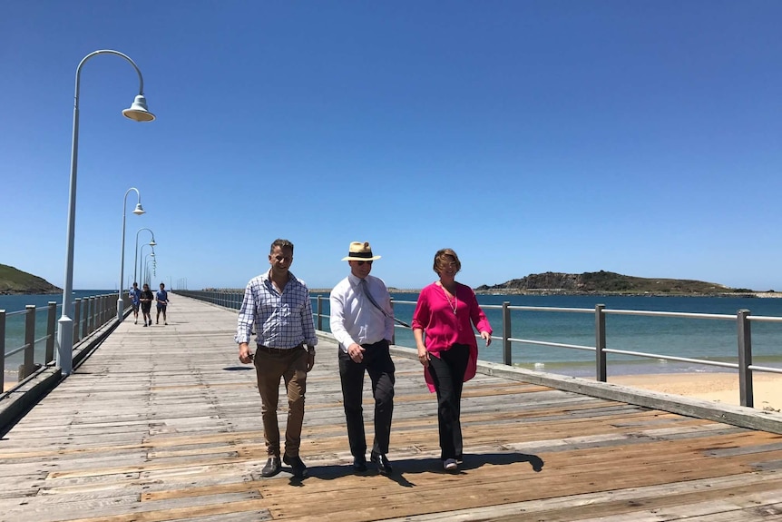 NSW politicians Andrew Constance and Andrew Fraser wal along the Coffs Harbour timber jetty with Roads Minister Melinda Pavey.