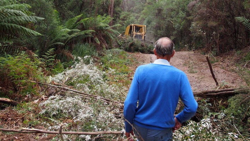 Bob Brown walks towards a bulldozer