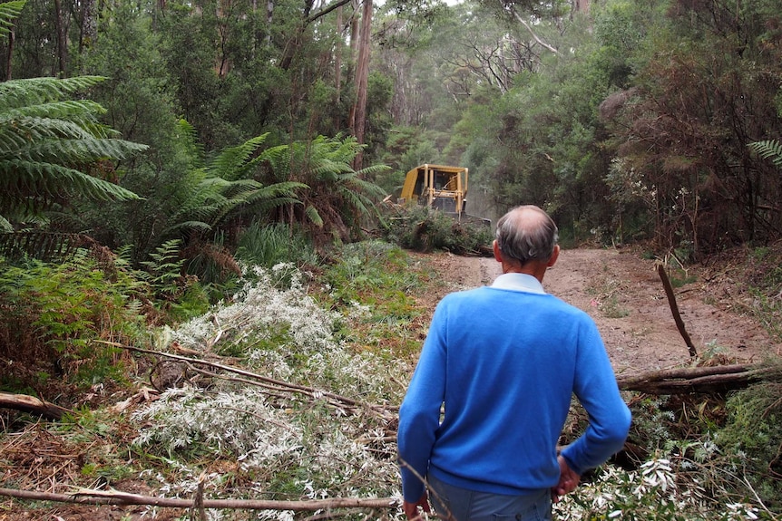 Bob Brown walks towards a bulldozer