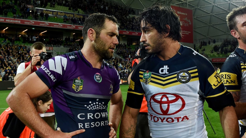 Johnathan Thurston talks to Cameron Smith after Cowboys win