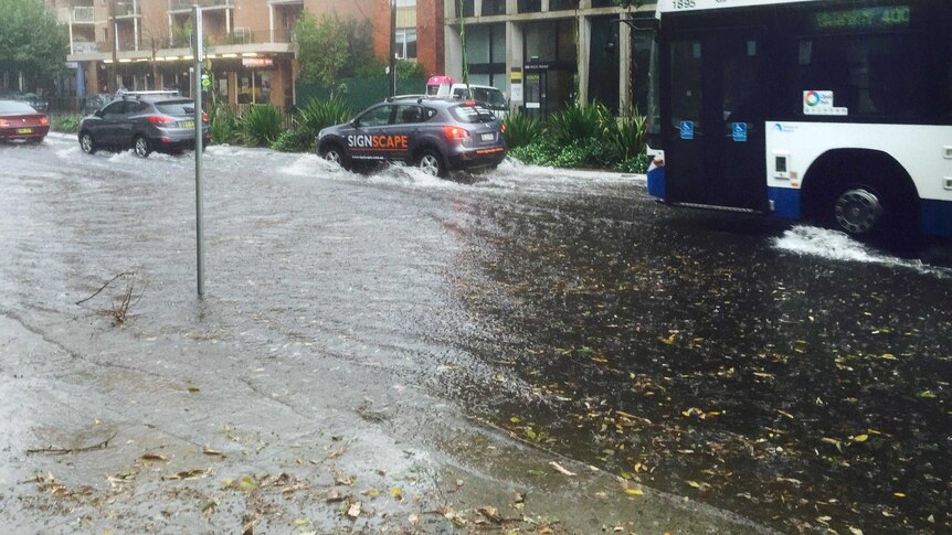 Vehicles drive through wheel-high water covering Anzac Parade outside UNSW.
