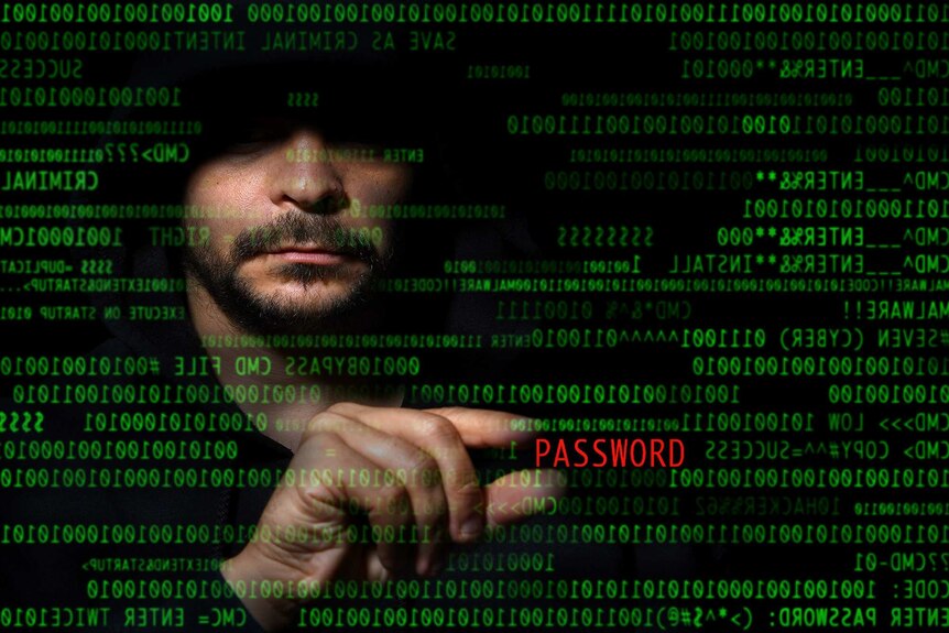 A generic hacking image of an unidentified man with a beard. The image is overlaid with green digital text.