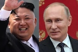 North Korean leader Kim Jong-un, left, waves and Russian President Vladimir Putin, right, smiles.